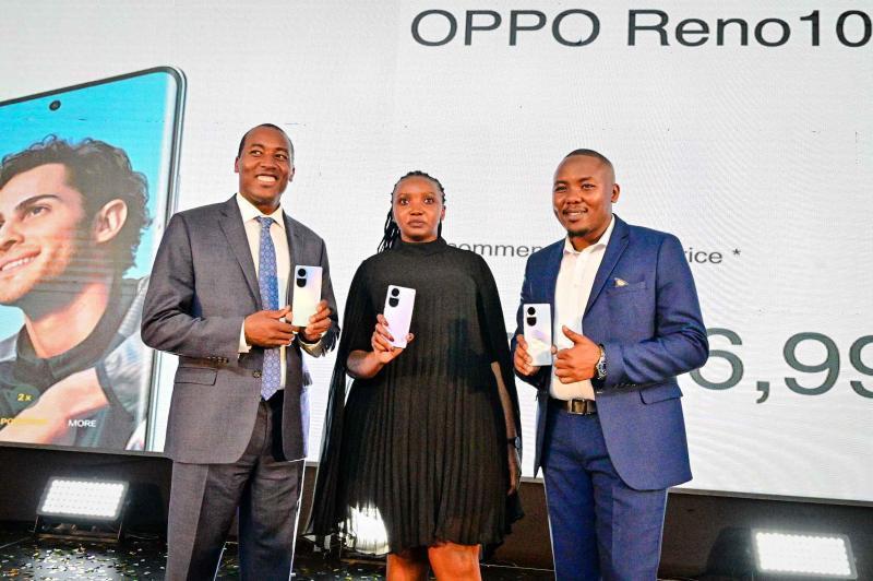 From left: John Chirchir, Acting CEO, Kenya Tourism Board , Fredrique Achieng PR Manager OPPO Kenya and Ernest Teigut Product Manager OPPO Kenya during the official launch of the OPPO Reno 10 5G to the Kenyan market.